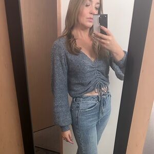 Navy Ruched Drawstring Sweater | Balloon Sleeve Knit Top | Size S